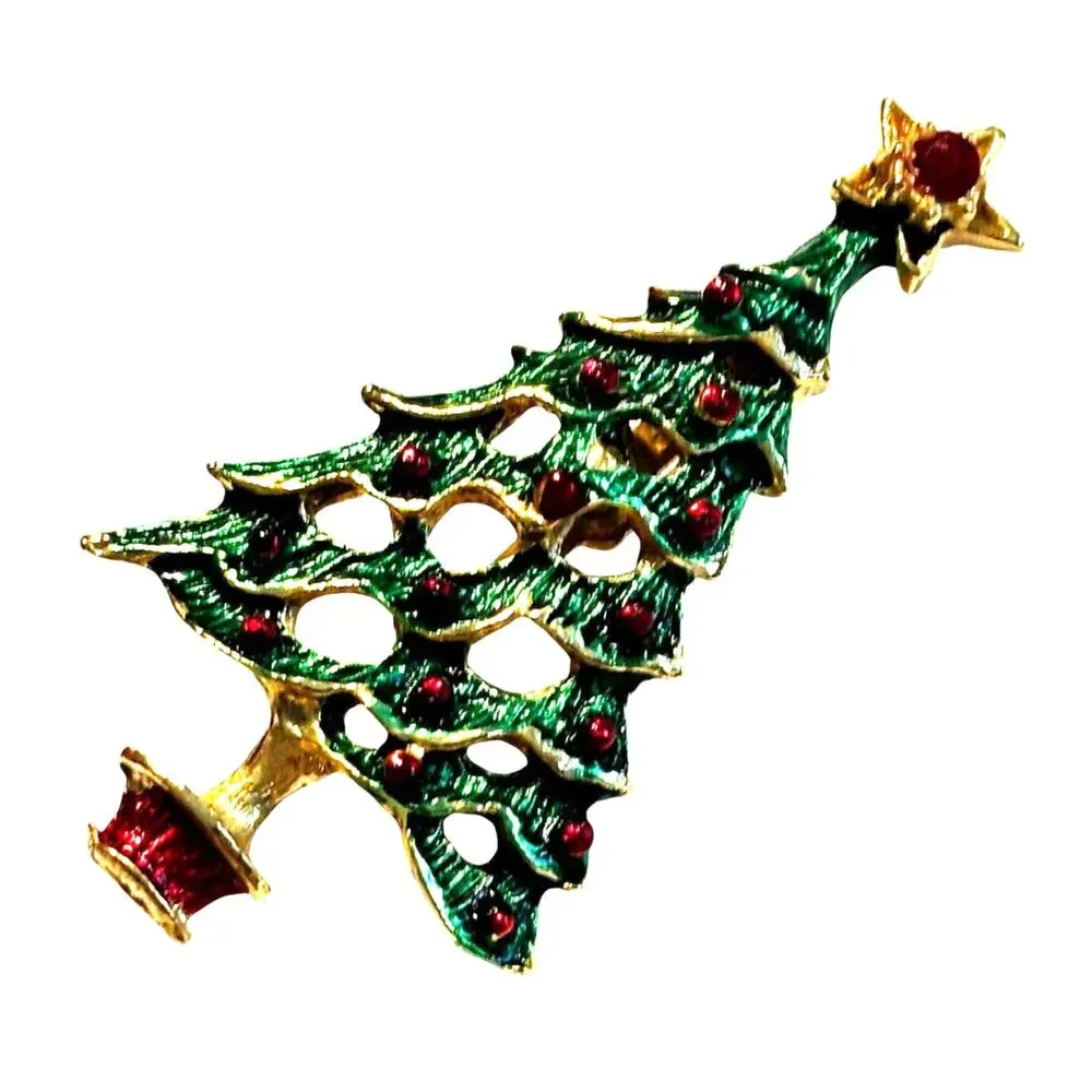 Vintage Christmas tree brooch goldtone green enamel red rhinestones holiday pin